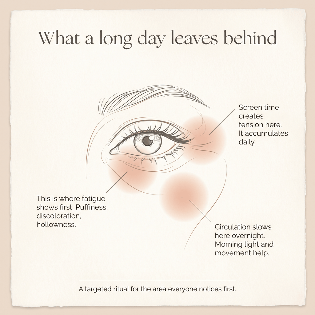 Illustration of eye area with text explaining eye fatigue and the effects of screen time.