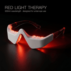 Red light therapy glasses with 630nm wavelength on a dark background
