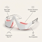 White eye mask with red lights on a light gray background, labeled for red light therapy, gentle vibration massage, ergonomic eye fit, and USB rechargeable.