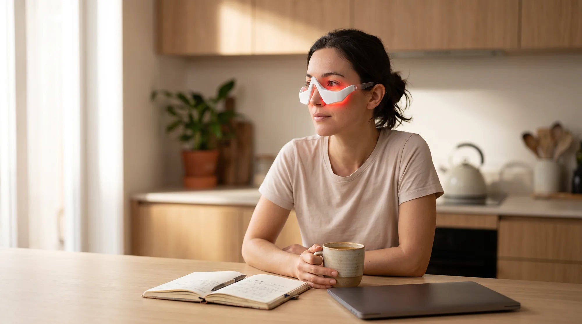 A woman at her kitchen table wearing the Halo, its red light glowing under her eyes, one hand around a mug, an open notebook and a closed laptop beside her.