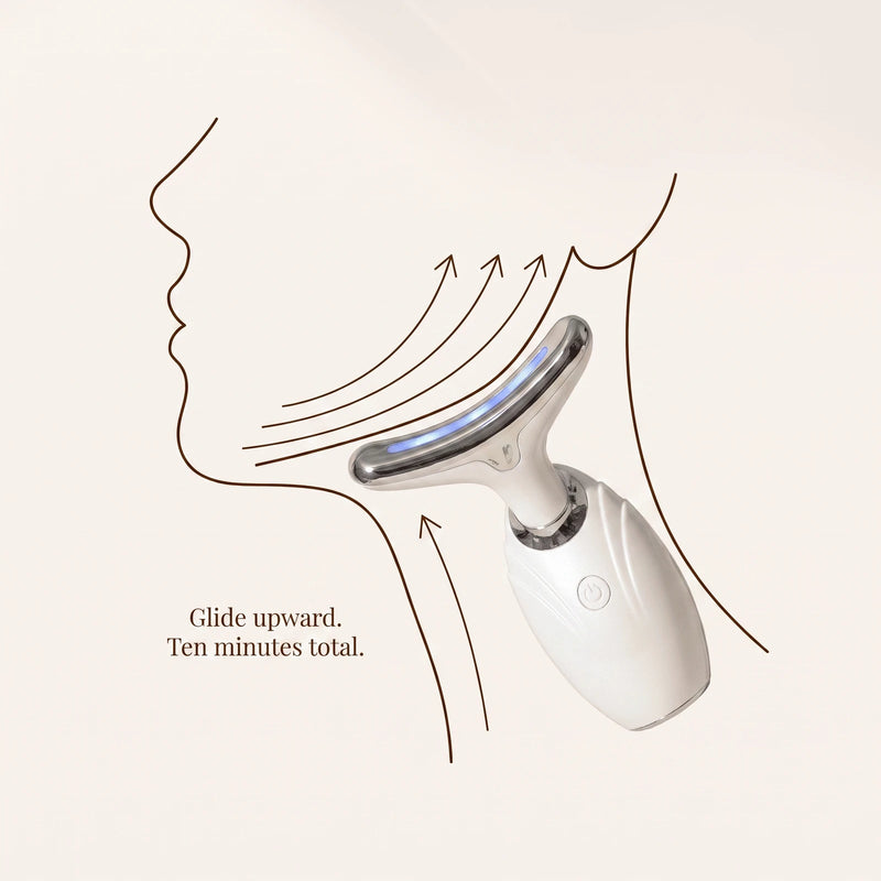 Line drawing of a profile showing the Contour Wand gliding upward along the jawline and neck.