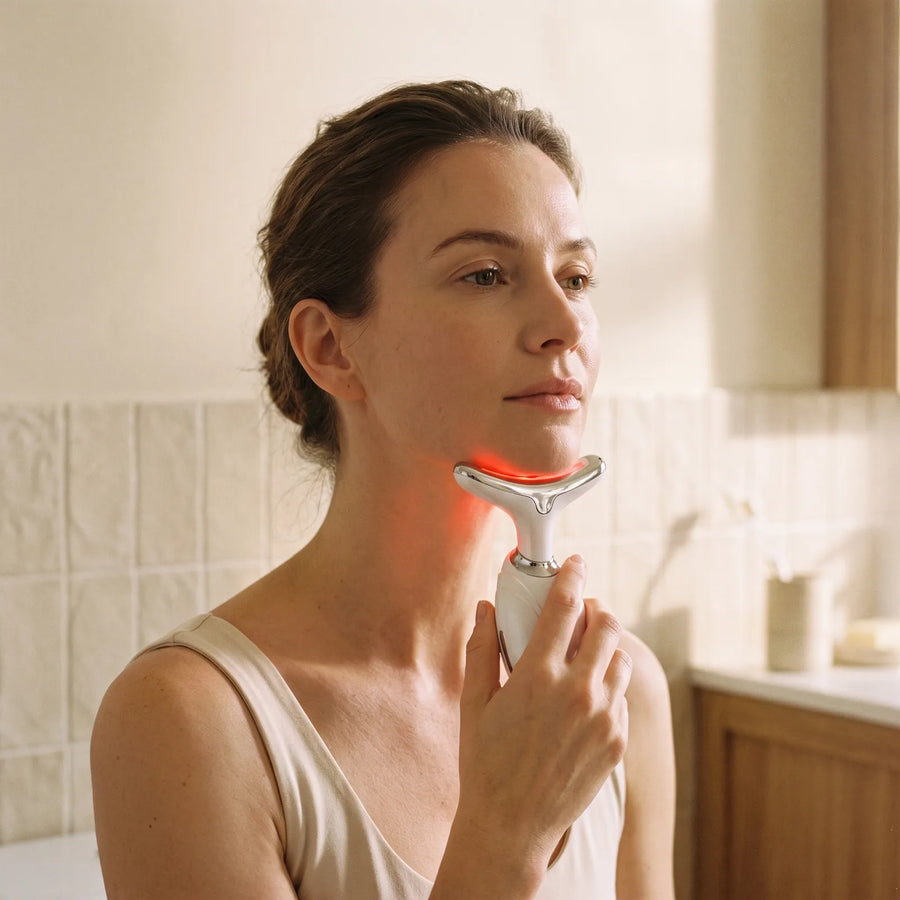 A woman glides the Contour Wand upward along her neck, its red light glowing against her skin.