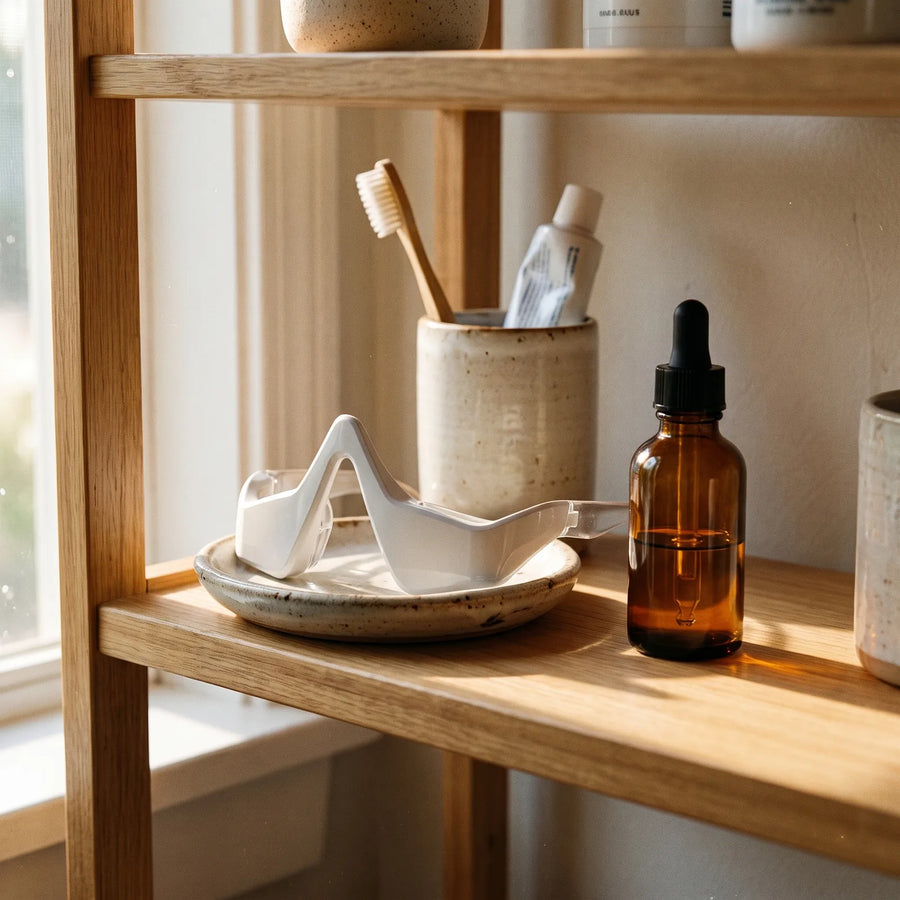The Halo resting on a ceramic dish on a bathroom shelf, next to a toothbrush and a dropper bottle.