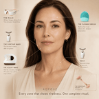 Woman with skincare tools labeled around her face on a beige background