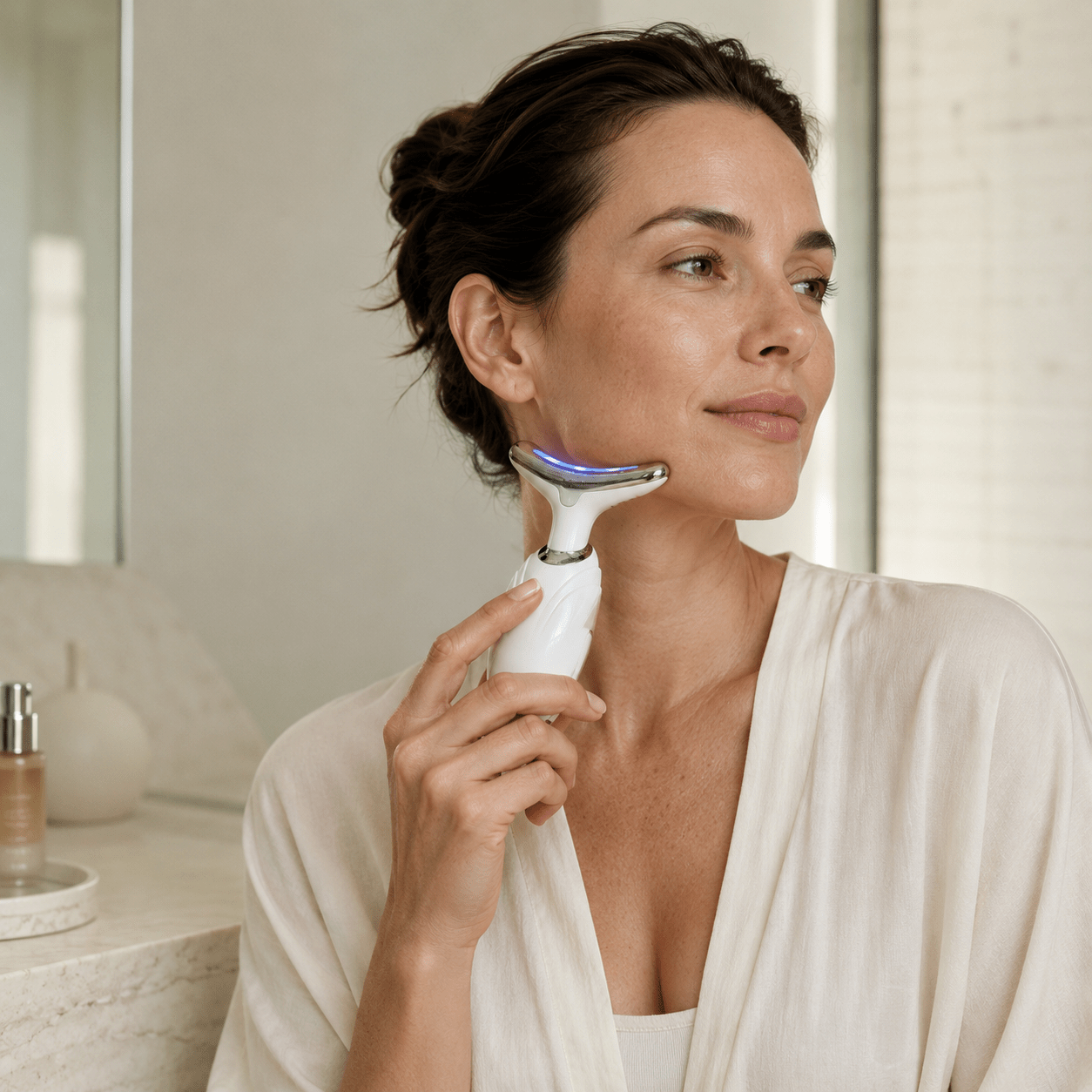 Woman using a skincare device in a bathroom setting